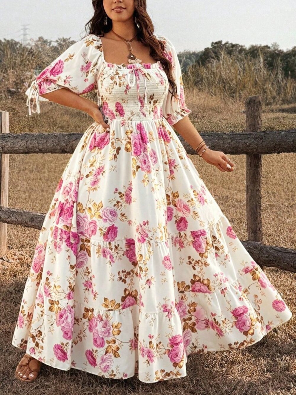 Multicolor Boho Women's Plus Size Floral short sleeve maxi Dress - Picture 6 of 7